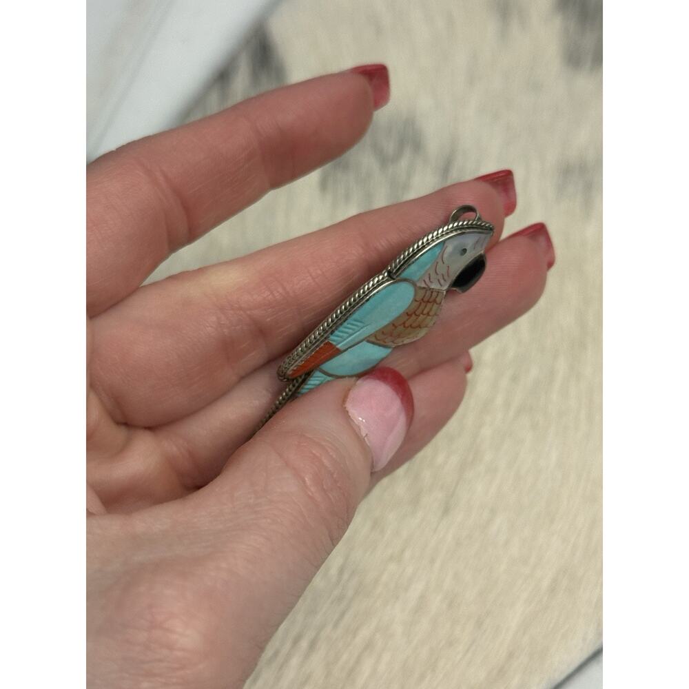 Zuni 2” Leland Peketewa Sterling Silver Inlay Turquoise Coral MOP Parrot Pendant - Picture 7 of 13